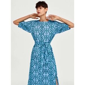 ZARA WOMAN Blue Geometric Embroidered Midi Dress Tie Waist Side Slits Size L